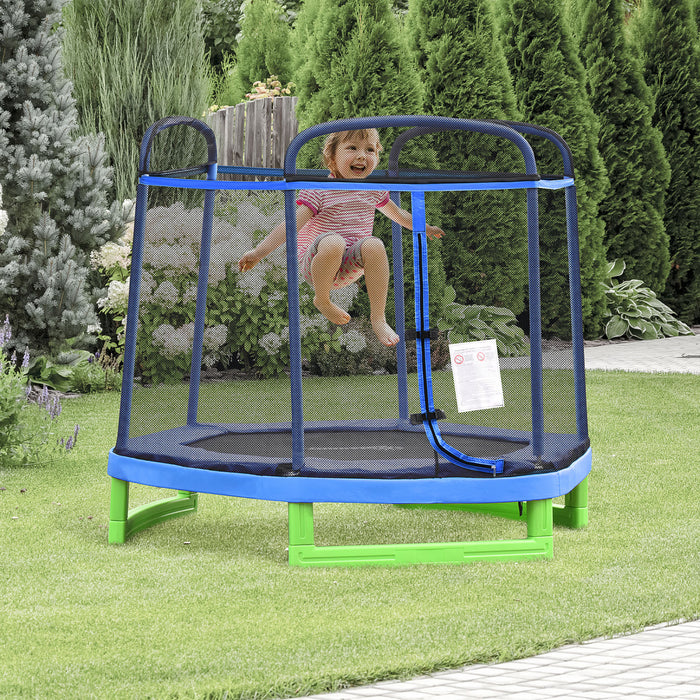 Outsunny Trampoline Pour Enfants De 2.1 M Avec Filet De Securite, Jouet De Gymnastique A Ressort Durable Avec Fermeture A Glissiere Robuste Et Revetement Rembourre, Bleu