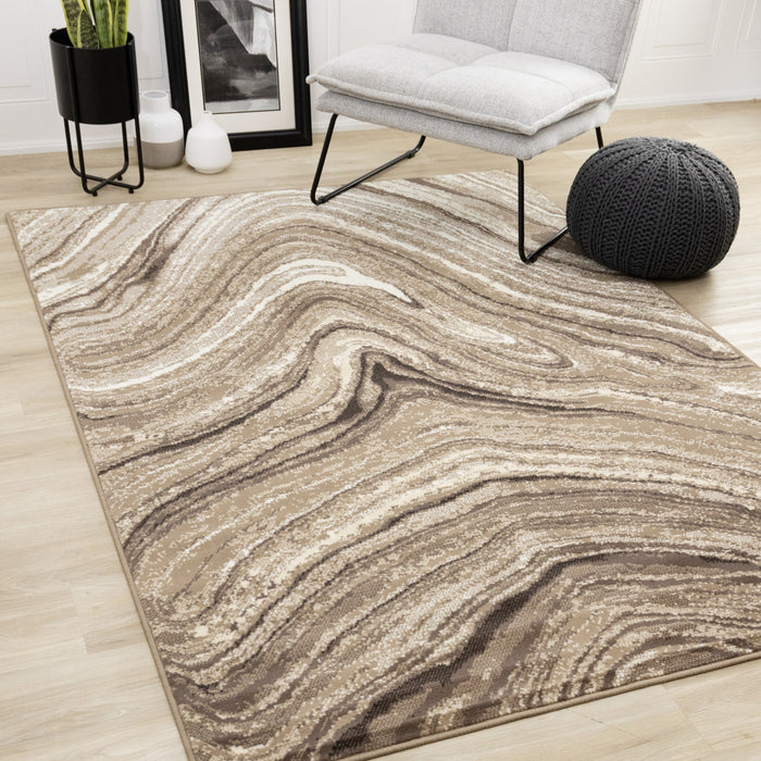 Carpette Forte brune et crème à motif de vagues apaisantes - 7 pi 9 po x 10 pi 6 po