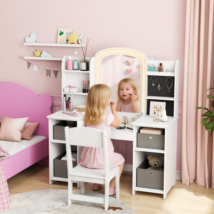 Qaba Coffret de maquillage pour enfants, avec miroir eclaire, blanc