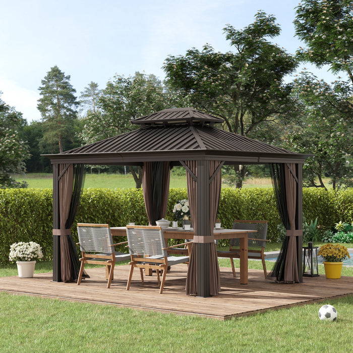 Outsunny 12' X 10' Tonnelle D'exterieur A Toit Rigide Avec Auvent En Acier Galvanise Et Parois Laterales En Filet Pour La Pelouse, La Cour Arriere, Brun