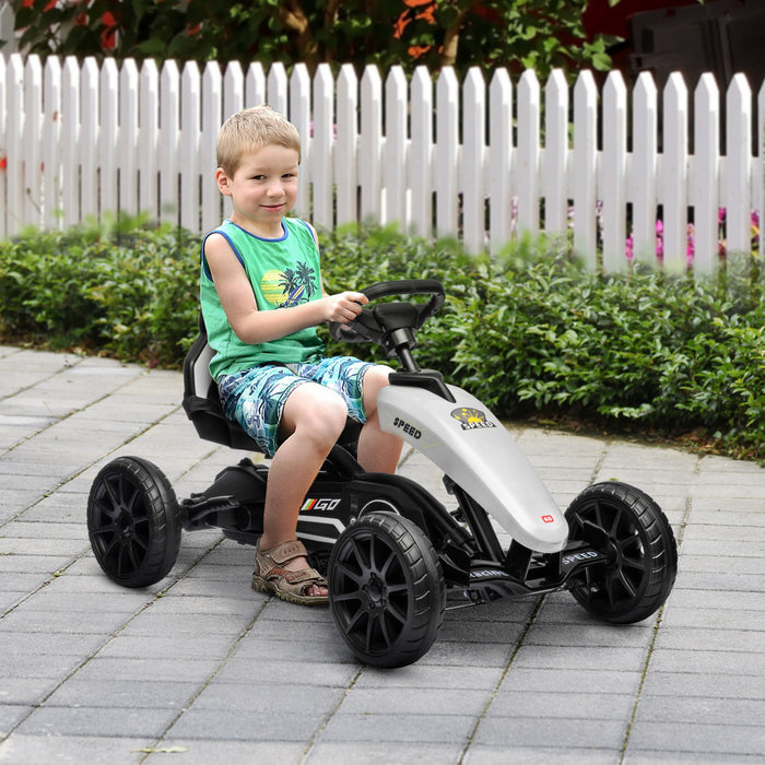 Aosom Kart A Pedales Pour Enfants, Voiture A Pedales Avec Essieu Pivotant, Siege Reglable, Frein A Main, 4 Roues Eva, Course A Pied En Interieur, Pour 3 A 8 Ans, Blanc