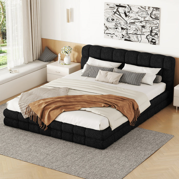 Lit plateforme moderne Emma rembourre avec structure en bois massif confortable, taille queen, noir