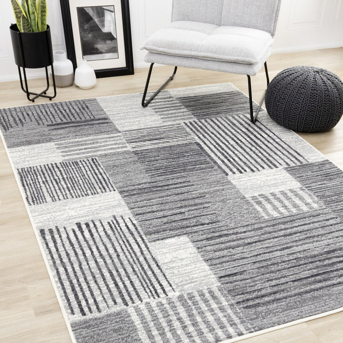 Carpette Forte blanche, grise et noire à motif de taches rayées modernes - 7 pi 9 po x 10 pi 6 po