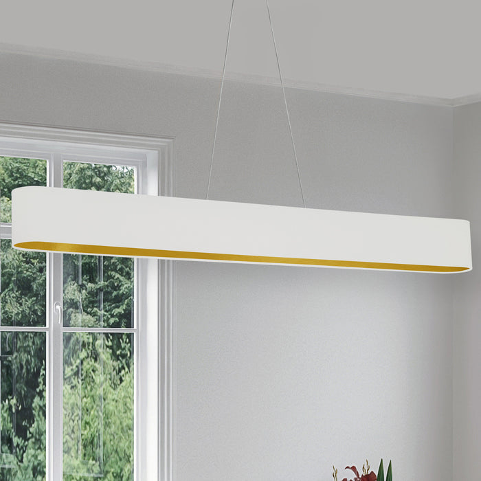 Luminaire suspendu horizontal Aubrey de Dainolite ovale avec abat-jour blanc et doré, fini laiton vieilli et ampoule de 30 W