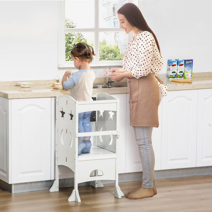 Qaba Tour D'apprentissage Tour D'observation Pour Enfants De 3 A 6 Ans Avec Tableau Noir Style Moderne Et Elegant Materiau En Mdf Solide Pour Cuisine Toilettes Salle A Manger Blanc
