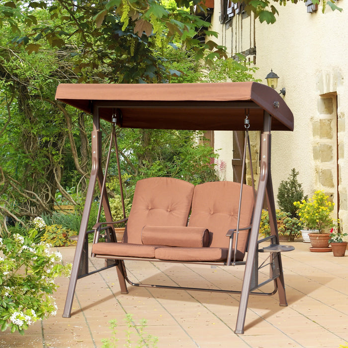 Outsunny Balancelle De Jardin Balancoire De Terrasse Pour 2 Personnes Avec Pare-soleil Reglable, Coussins Moelleux, Coussin Et Plateau Pour Patio, Bord De Piscine, Cour, Marron