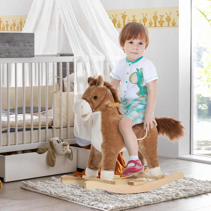 Qaba Cheval A Bascule En Peluche Sur Bascules En Bois Avec Sons, Base En Bois, Chaise A Bascule Pour Bebe De 36 A 72 Mois, Marron