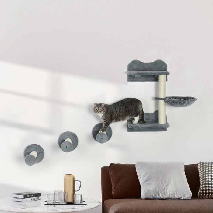 Pawhut Lot De 4 Etageres Murales Pour Chat Avec Griffoirs, Hamac, Marches, Plateformes, Mobilier Mural Pour Chat Pour Se Detendre, Dormir, Sauter, Grimpeur Mural Pour Chat D'interieur, Gris