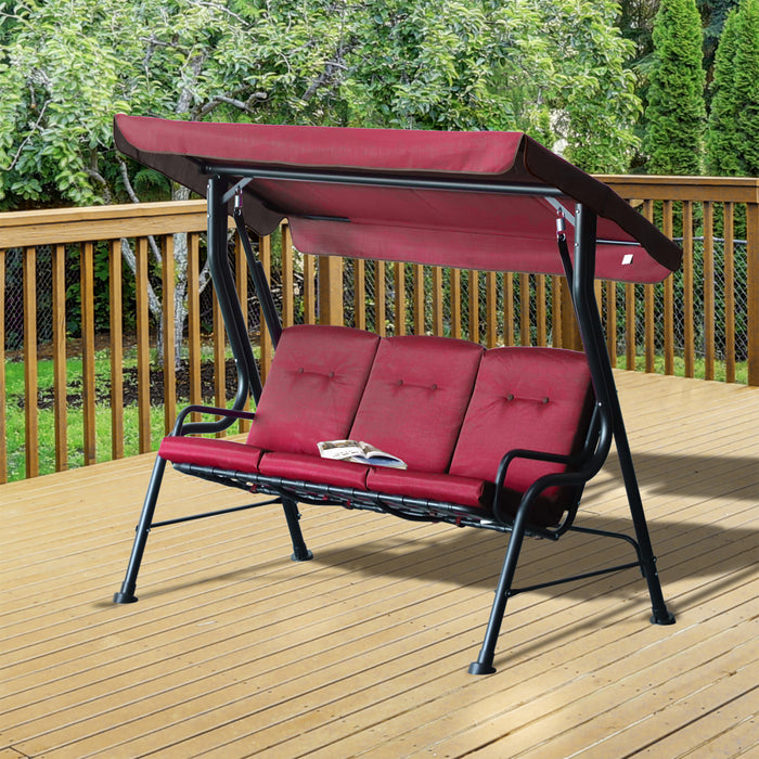 Chaise Pivotante Exterieure Pour Porche En Metal Pour 3 Personnes Avec Auvent Pour Patio Et Jardin Au Bord De La Piscine, Rouge Vin