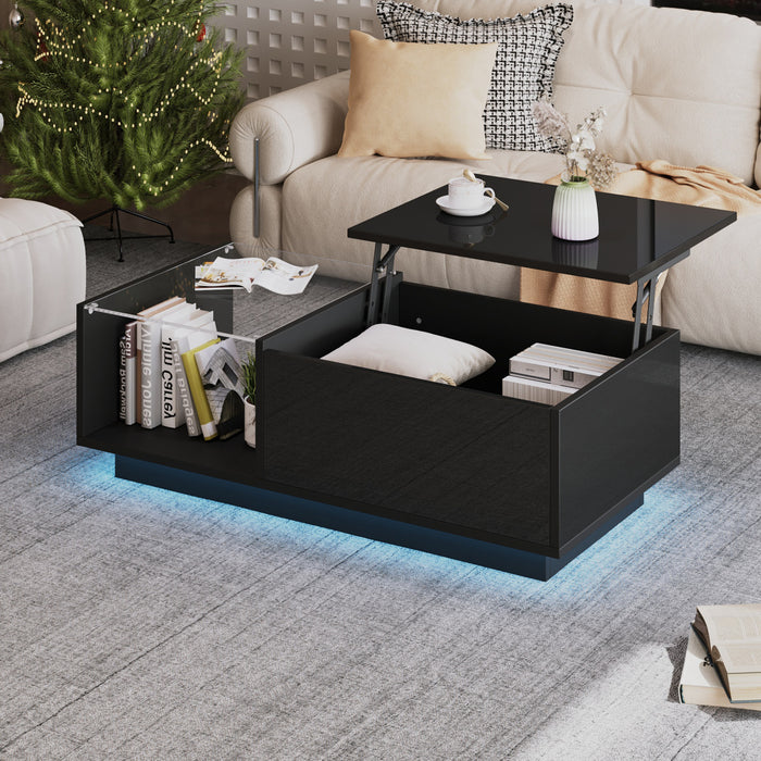 James table basse relevable – table avec rangement cache et eclairage LED, noir