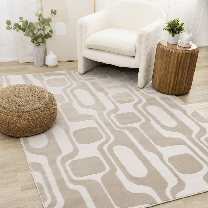 Carpette Leopold beige et crème de style moderne du milieu du 20e siècle - 7 pi 10 po x 10 pi 6 po