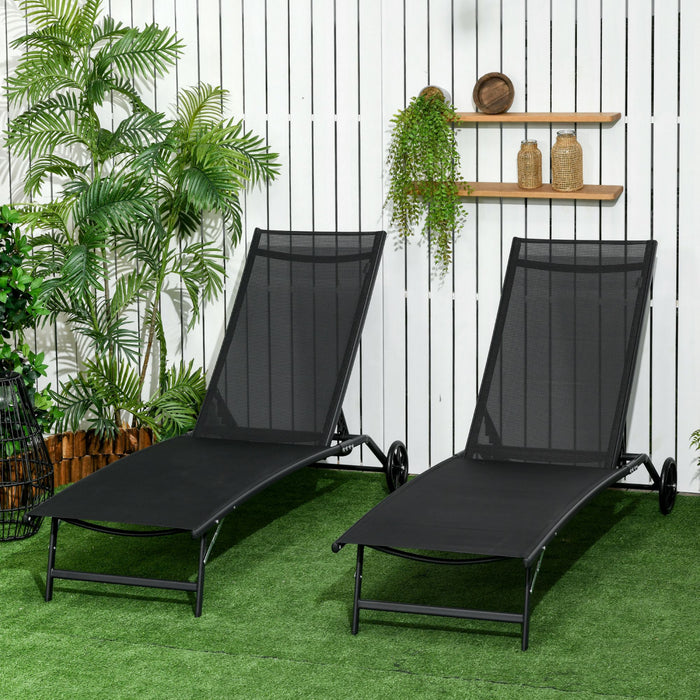 Outsunny Lot De 2 Chaise Longue, Chaises De Piscine Avec Deux Roues, Noir