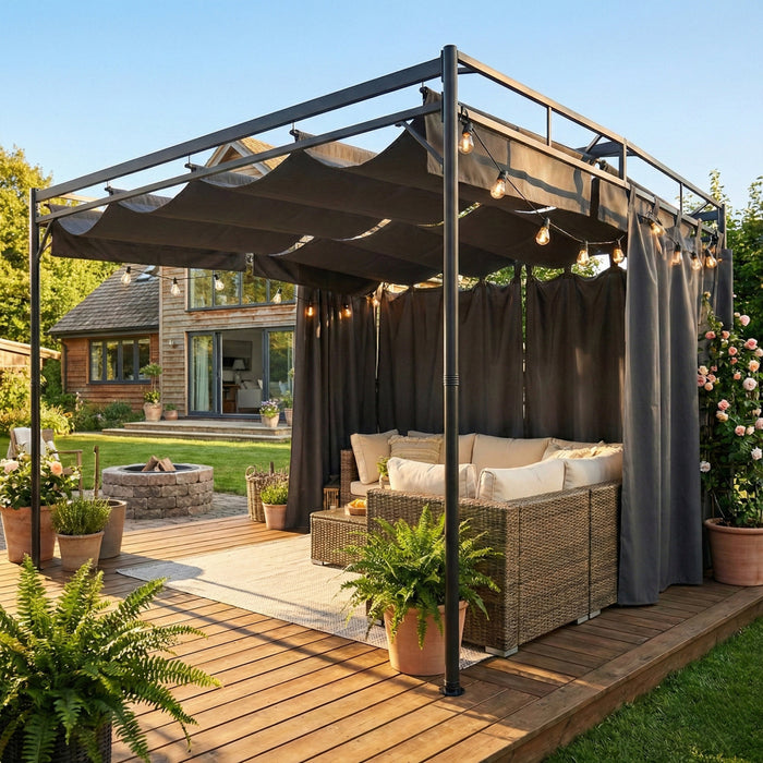 Outsunny Pergola retractable 3 x 3 m, auvent exterieur avec rideaux