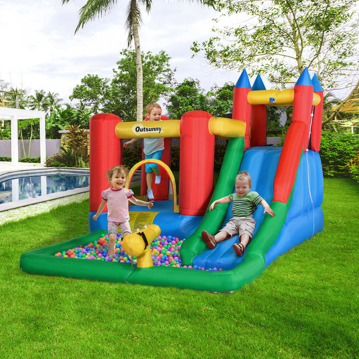Outsunny Kids Bounce Castle House Gonflable Trampoline Slide Water Pool Gun Panier Mural D'escalade 6 En 1 Avec Gonfleur Pour Les Enfants De 3 A 12 Ans Ete 11,5' X 8,8' X 7' Multicolore
