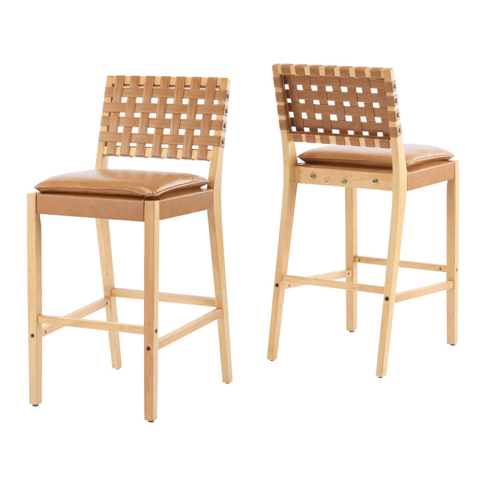 Philip – Lot de 2 tabourets de bar modernes en bois d’hevea avec dossier en tressage, finition naturelle