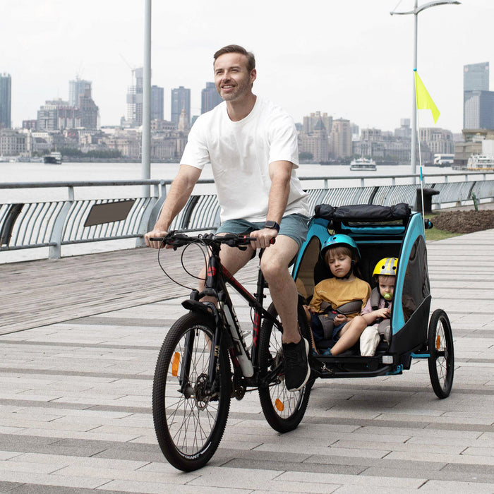 Aosom Remorque De Velo Pour Enfant 3 En1 Poussette De Jogging Pliable Poussette De Bebe 2 Places Avec Systeme D'amortisseur Pneus En Caoutchouc Guidon Reglable Bleu Et Noir