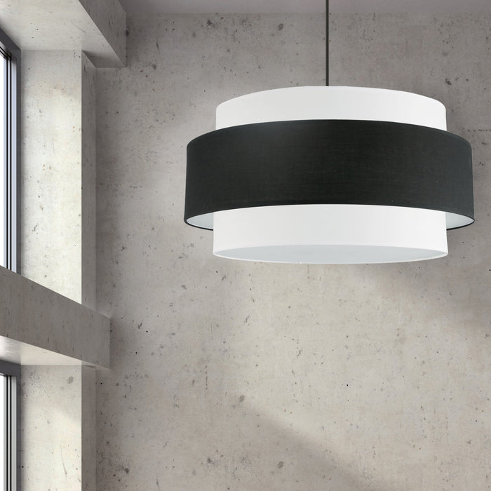 Grand lustre Priya de Dainolite avec abat-jour noir et blanc, fini noir mat et 4 ampoules