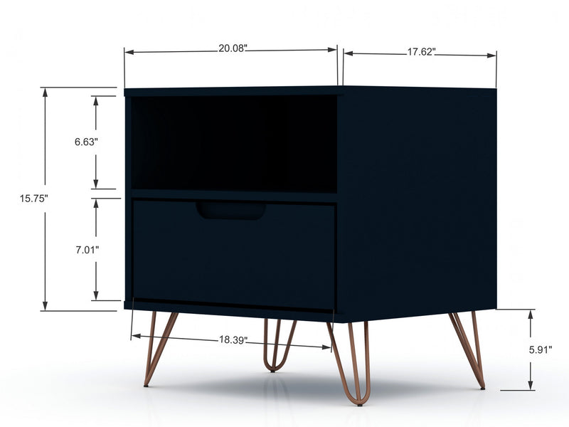 Table de nuit Rockefeller Mid-Century Modern 20\" en bleu minuit (1 tiroir) - Lot de 2