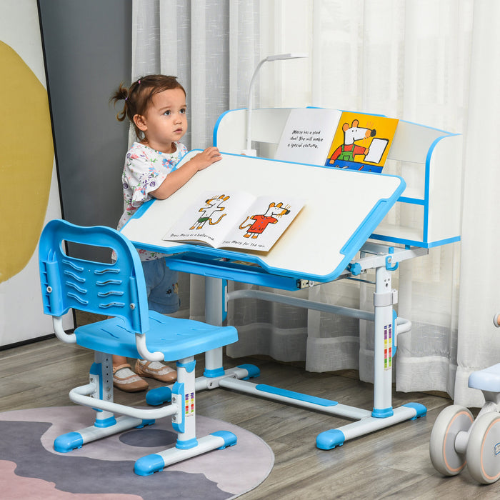Qaba Bureau Enfant Avec Chaise Ensemble Bureau Et Chaise Reglable Avec Lampe, Support De Lecture, Etagere Pour Livres, Tiroir Coulissant Multi-rangements Bleu Blanc
