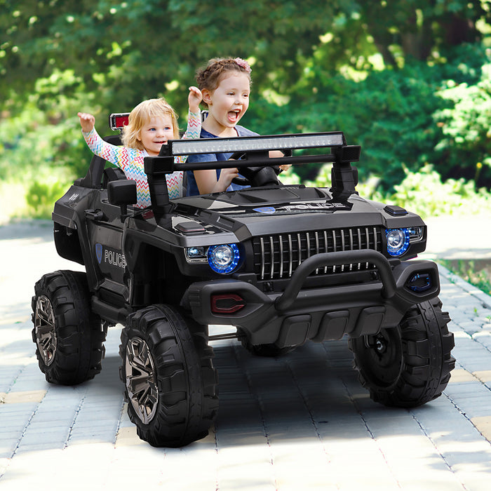 Aosom Voiture A Chevaucher 12v Rc 2 Places Camion De Police Voiture Electrique Pour Enfants Avec Lumieres Led Completes, Mp3, Telecommande Parentale (noir)