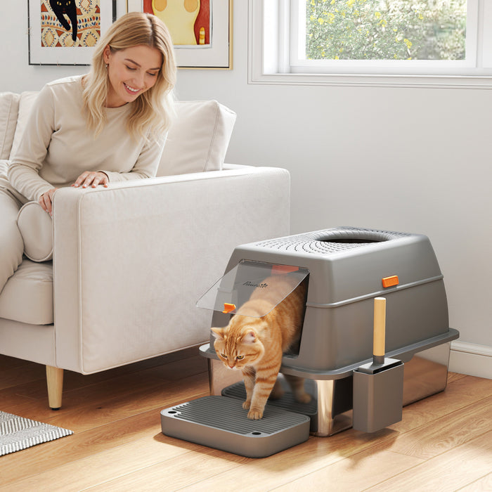 80L Stainless Steel Cat Litter Box with Lid, Trapping Step