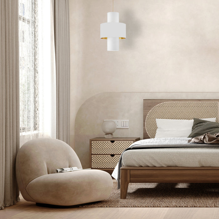 Luminaire suspendu Patrona de Dainolite avec abat-jour blanc et doré, fini laiton vieilli et 4 ampoules