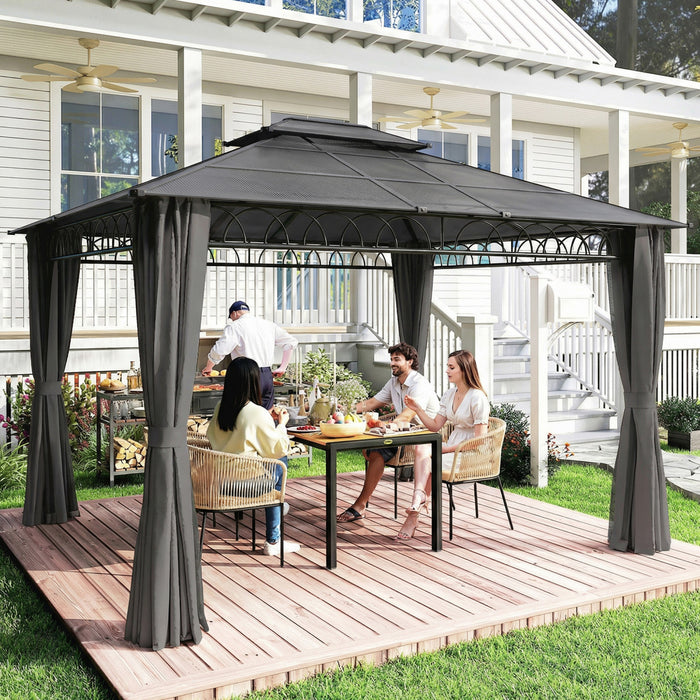 Outsunny Pavillon 3 x 3,6 m, Toit Rigide Double avec Rideaux, Noir