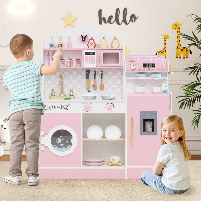 Honeyjoy Jeu De Cuisine Pour Enfants Jeu De Cuisine En Bois Avec Horloge, Micro-ondes, Evier, Plateau Rose