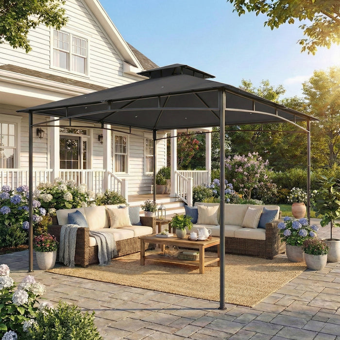 Outsunny Tonnelle 3 x 3 m, Abri de Jardin a Toit Souple a 2 Niveaux, Gris Fonce