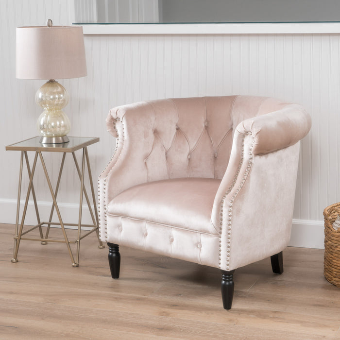 Fauteuil Akira En Tissu Velours Avec Capitonnage À Boutons Et Bordure Cloutée -  Couleur Champagne
