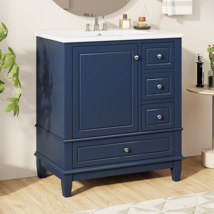 Emma Meuble-lavabo en bois massif de 30\" avec vasque en ceramique et porte a fermeture douce, Bleu
