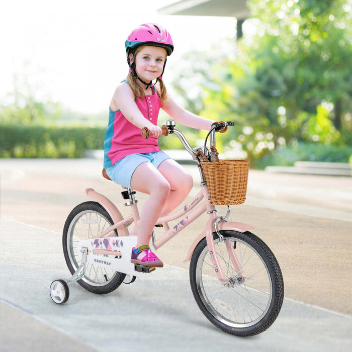 Costway 18\" Velo Enfants Avec Guidon Reglable En Hauteur Siege Panier Cloche Roues D'entrainement Rose