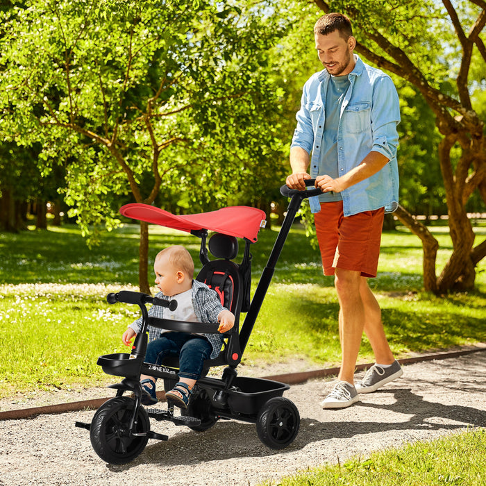 Qaba Tricycle Enfants Evolutif 4 En 1 Canne Telescopique Amovible Et Pare-soleil Pliable Demontable Angle Du Dossier Reglable Siege Pivotant Sac Et Paniers Integres Metal 44\" X 20.5\" X 38.5\" Rouge