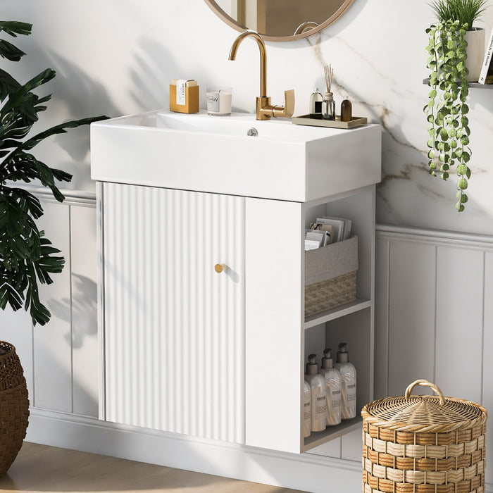 Rachel Meuble-lavabo Flottant De Salle De Bain 21,6\" Avec Vasque En Ceramique, Porte A Fermeture Douce Et Rangement Cote Droit