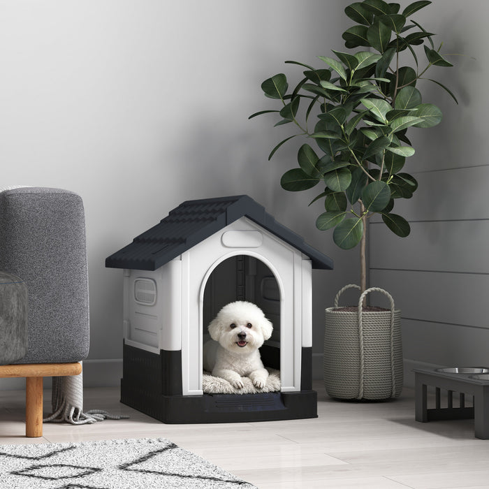 Niche exterieure avec fenetres pour chien miniature, gris fonce