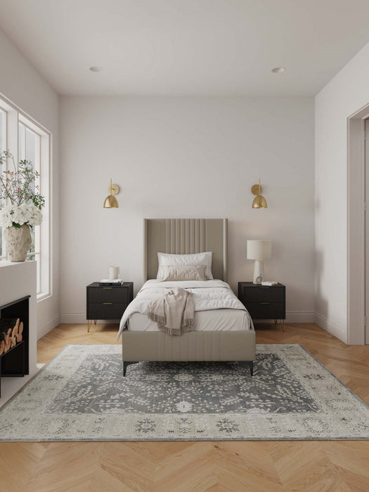 Lit jumeau Promenade de style mi-siecle moderne en velours capitonne, finition taupe rustique