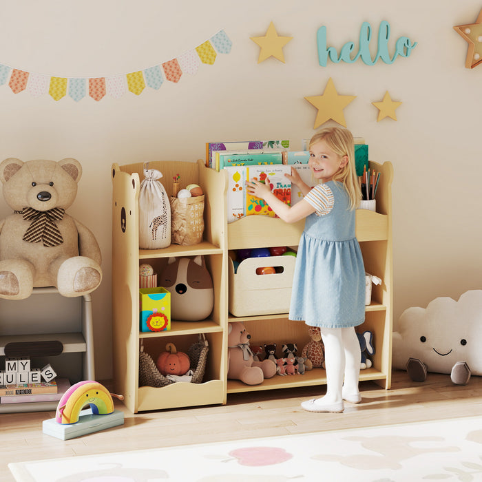 Qaba Bibliotheque et Organisateur de Jouets pour Enfants, Bibliotheque Montessori 3 Niveaux avec Design Ours, Organisateur de Jouets avec Presentoir Ouvert pour Chambre d'Enfant