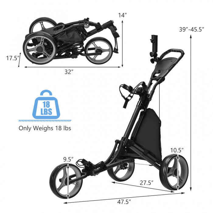 Chariot De Golf Pliable A 3 Roues, 4 Positions De Hauteur Reglables, Chariot De Golf Leger, Chariot De Golf En Aluminium Avec Porte-ombrelle Reglable, Sac Etanche, Glaciere Integree, Frein A Pied, Ouverture Et Fermeture Rapides.