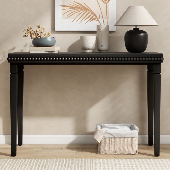 Console rustique en bois Martha 120 cm avec bordure perlee decorative - noire