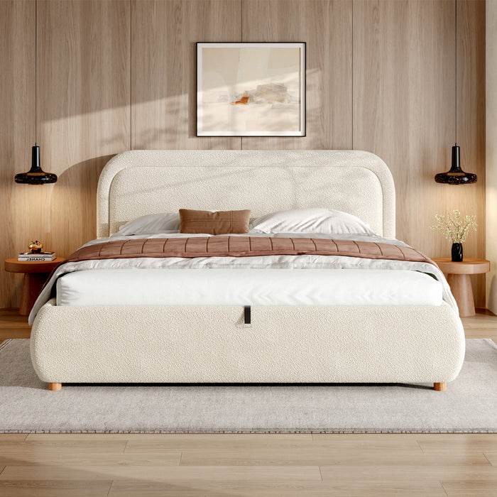 Lit plateforme Sophia avec rangement a levage hydraulique, revetement en boucle, taille queen, beige