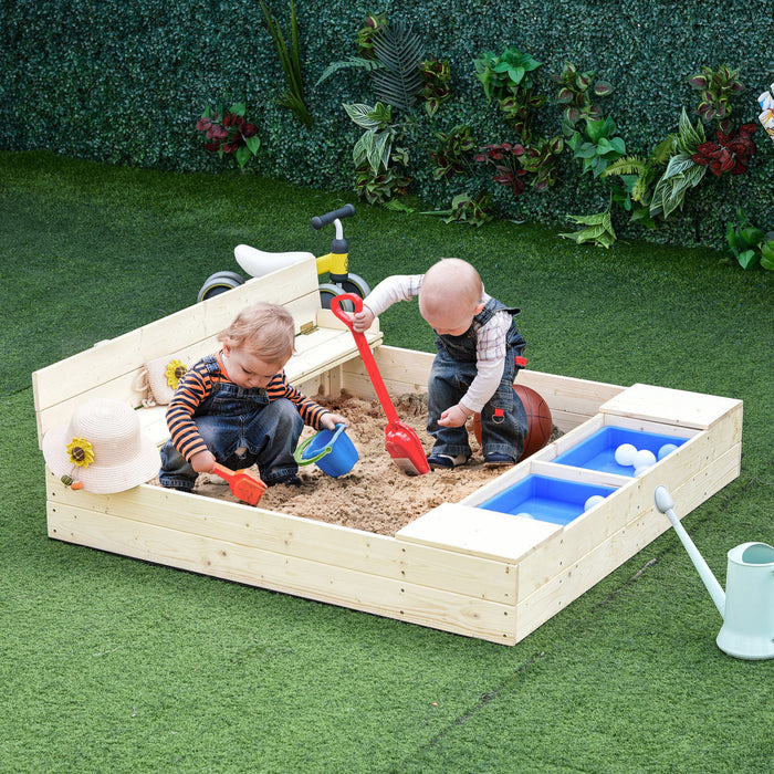 Outsunny Bac a sable pour enfants avec couvercle, bac a sable en bois avec banquette pliable, 2 boites en plastique, doublure inferieure, espace de rangement, jardin