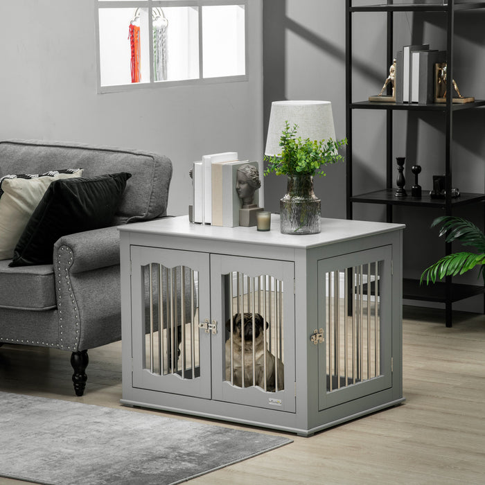 Pawhut Meuble De Niche Pour Chien, Niche Pour Chien 32\"avec Trois Portes, Serrures, Cage Pour Chien Pour Usage Interieur, Pour Chiens De Petite Et Moyenne Taille, Gris