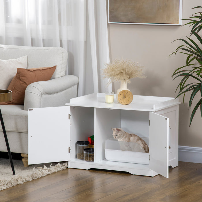 Pawhut Litiere Cachee Enclos De Litiere Meubles De Toilette Pour Chats Avec Rangement, Diviseur Reglable, Table D'appoint Interieure De La Maison Pour Animaux De Compagnie, Blanc