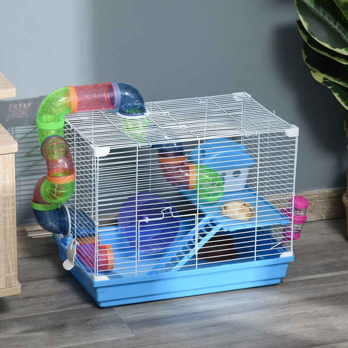 Pawhut Grande Cage Pour Hamster De 45.7 Cm, Maison Pour Petits Animaux, Refuge Pour Gerbilles A 2 Niveaux Avec Systeme De Tube Tunnel, Roue D'exercice, Bouteille D'eau, Plat De Nourriture, Rampe, Bleu