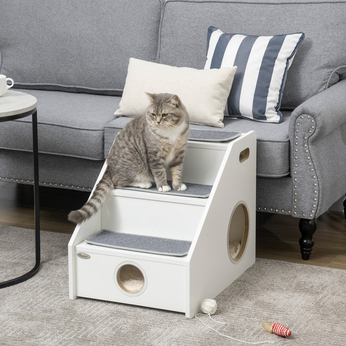 Pawhut Escaliers Pour Animaux De Compagnie Pour Maison Cachee Pour Chiens Miniatures, Marches Pour Chat Pour Canape Lit Haut, Escalier Portable Avec Poignees, Tapis Antiderapant, Trous Lateraux, Blanc