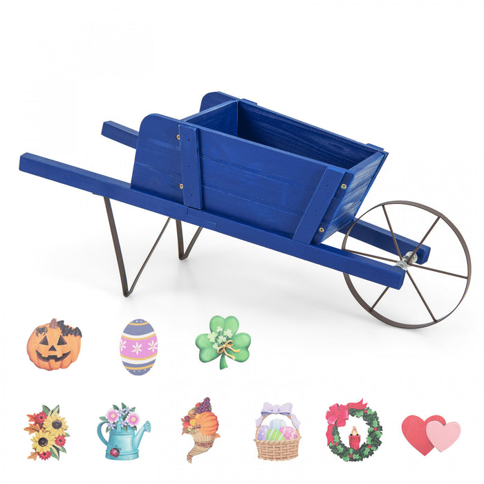 Costway En Bois Wagon Planter Decoratif Interieur/exterieur Rustique Fleur Chariot Avec Roue Bleu