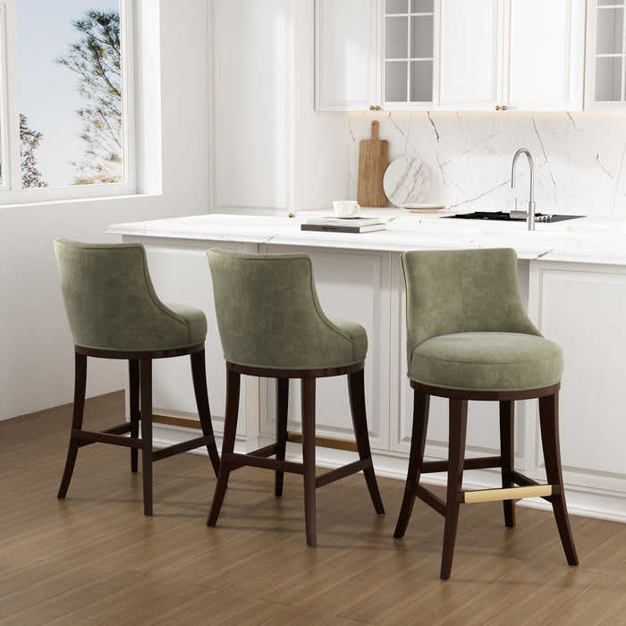 Tabouret de bar moderne Lucia en bois et chenille, revetement vert feuille - Lot de 3