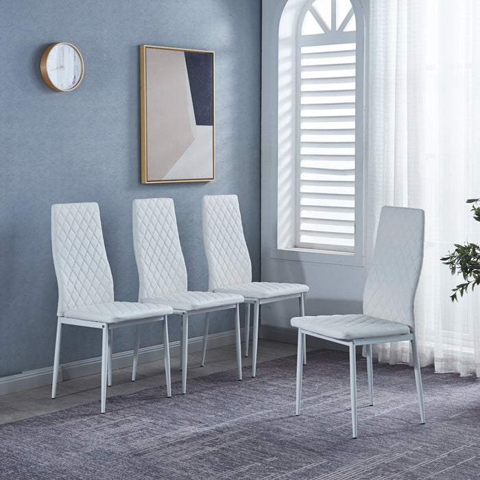 Ensemble de chaises de salle a manger modernes Ava avec motif de grille en diamant (lot de 4), cuir ignifuge et cadre en metal, blanc