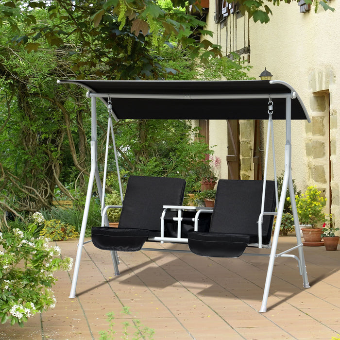 Outsunny Balancelle De Jardin 2 Places Chaise Balancoire Double Avec Table Et Pare-soleil Coussins Rembourres Noir
