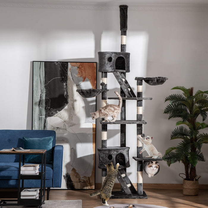 Pawhut 94 \"-102\" Enorme Arbre A Chat Plafond Haut Chat Pour Condo Griffoir Centre D'activite Multi-niveaux Maison De Jeu Gris Fonce